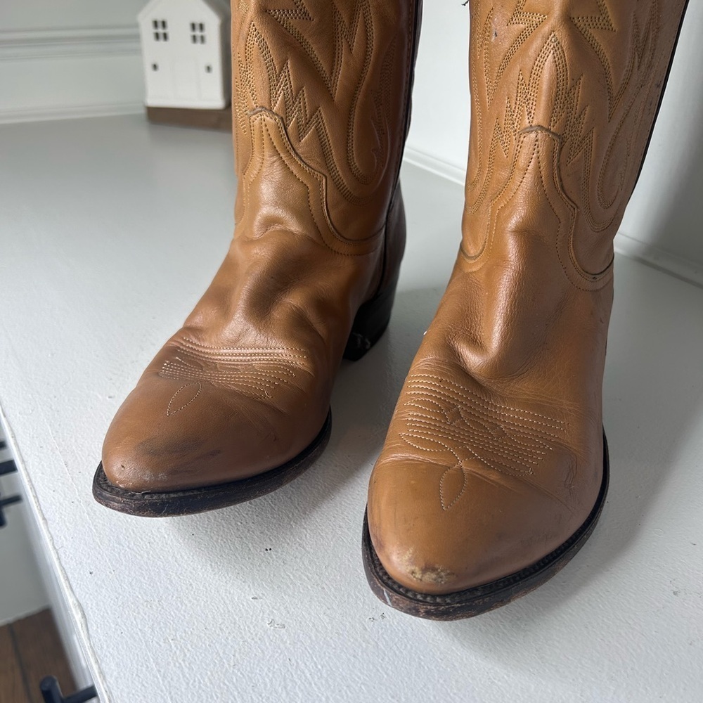 Vintage Laredo Mens 10D Tan Brown Leather Cowboy Boots Pointed Toe Western - Picture 5 of 10